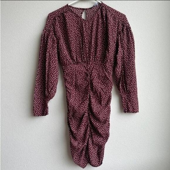 Zara Round Neck Long Sleeve Mini Dress Ruched Drape Burgundy Size Small - Picture 3 of 7